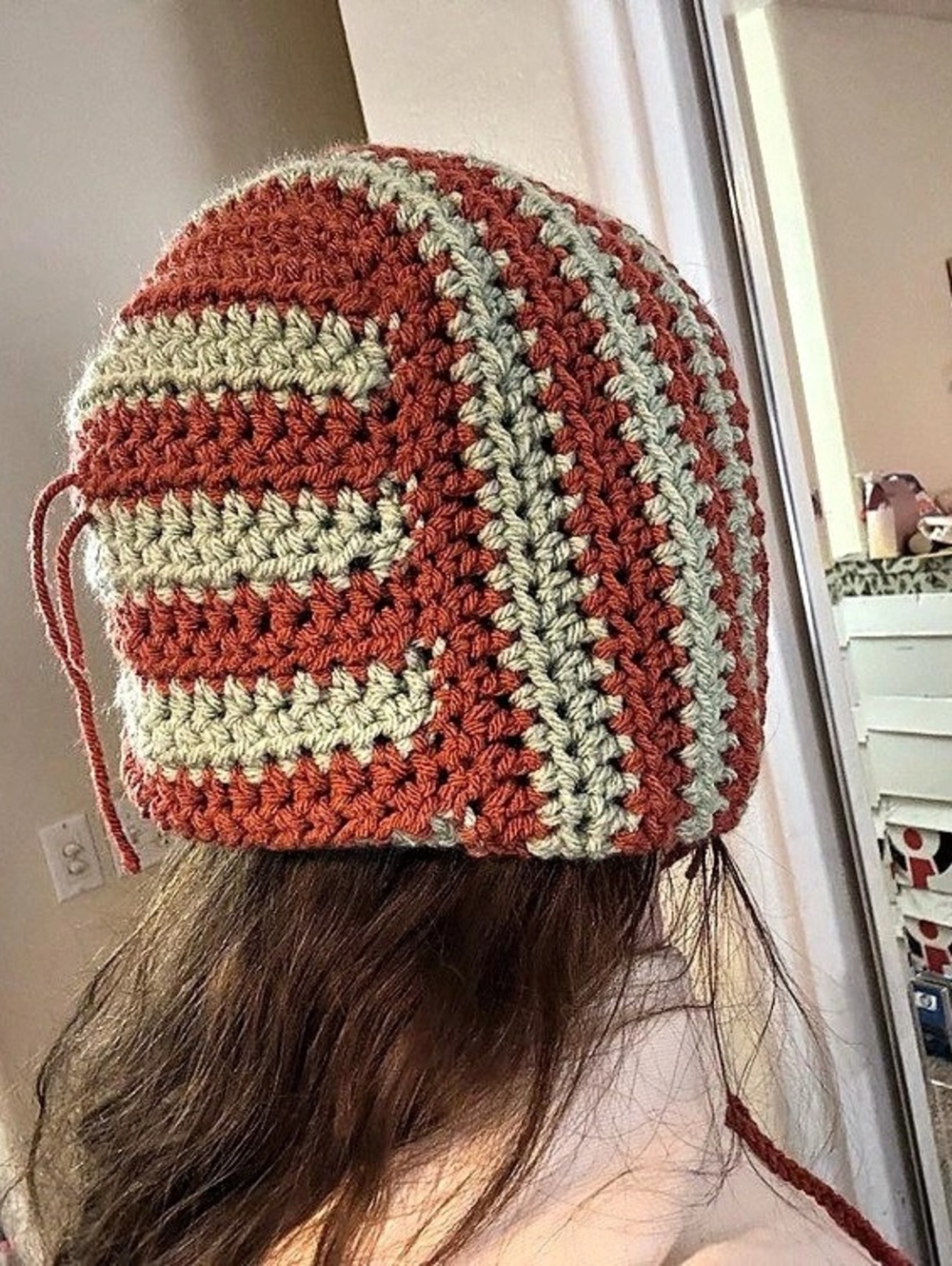 Hand Crocheted Striped Hat in Orange & Green brand New